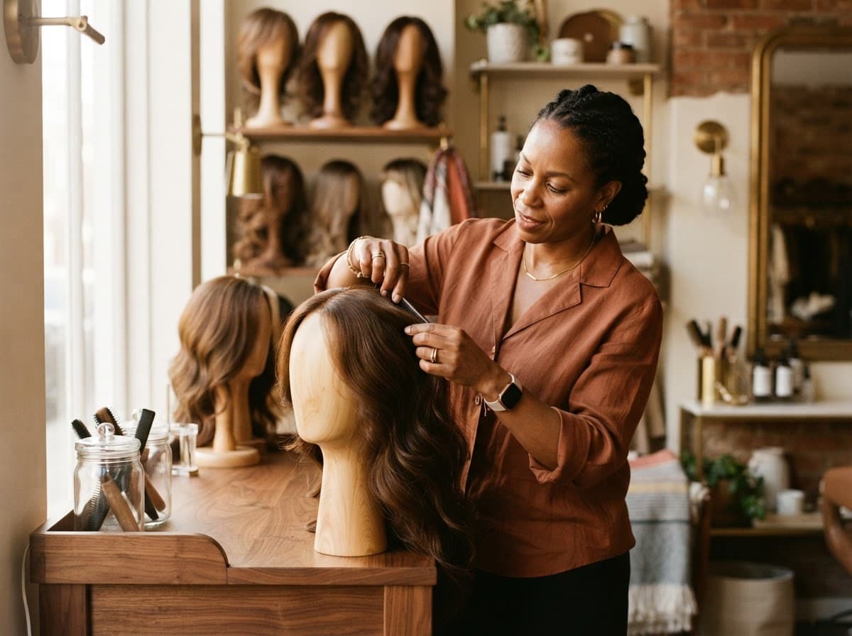 Dallian Luxe Hair Master Stylist handcrafting a virgin human hair wig in Nairobi studio